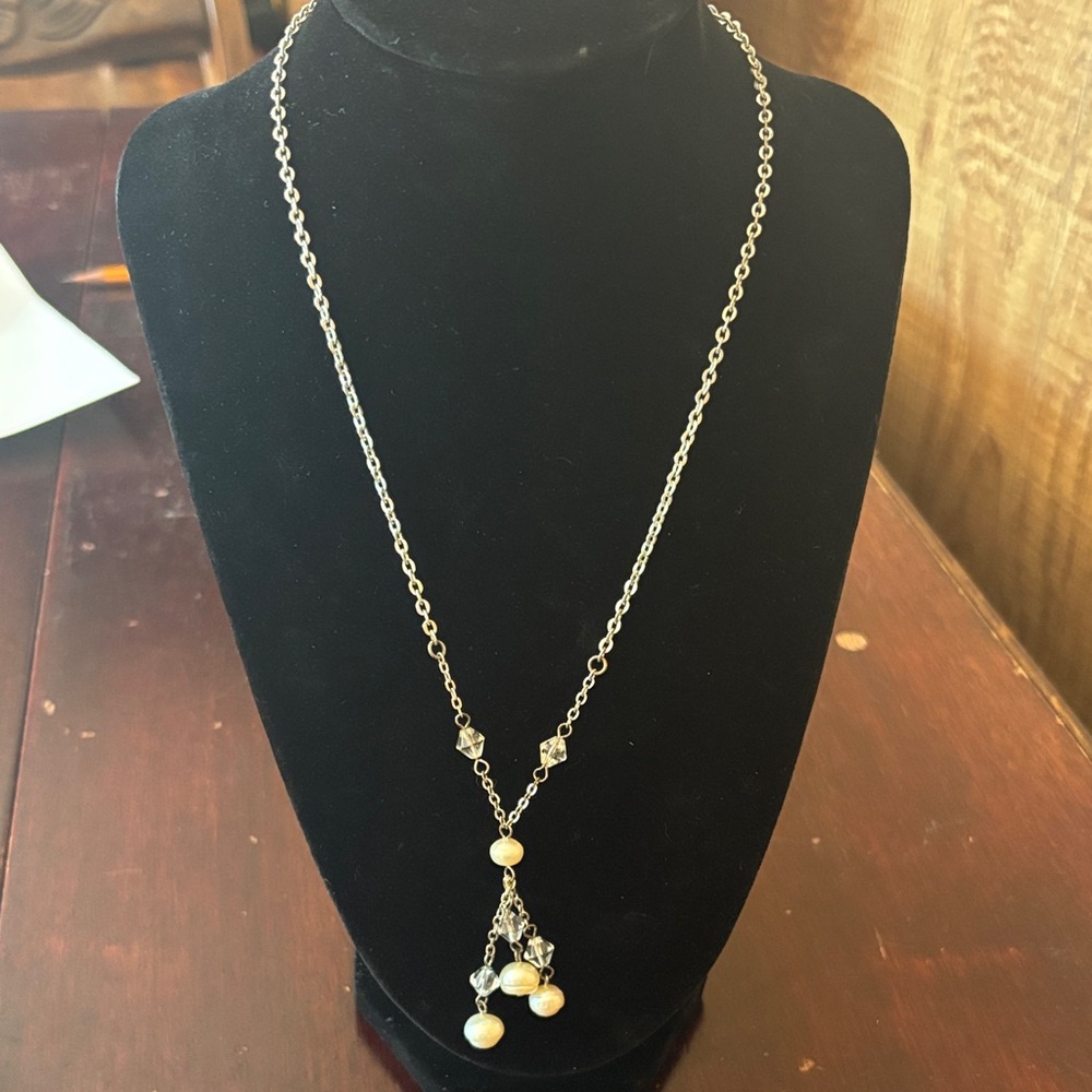 silver-tone necklace with rhinestone and clear beads and faux pearls